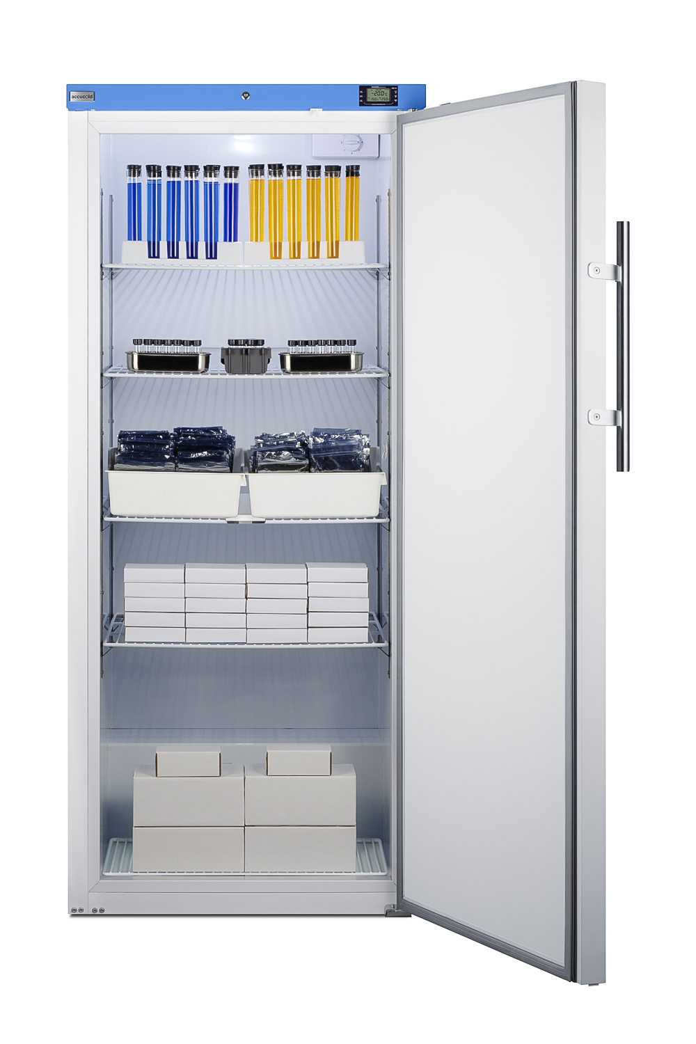 Upright manual defrost freezer with lock and external alarm/thermometer for general purpose storage applications